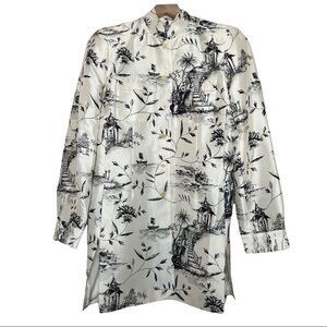 VINTAGE Silk Toile‎ Japanese Print High Neck Button Front Long Nehru Jacket 4